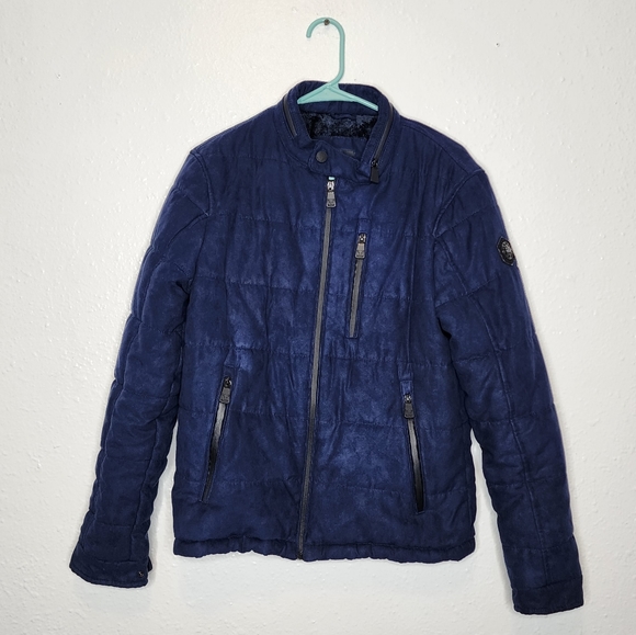 Platini Mens Fur Lined Quilted Faux Suede Jacket Navy Blue Size S